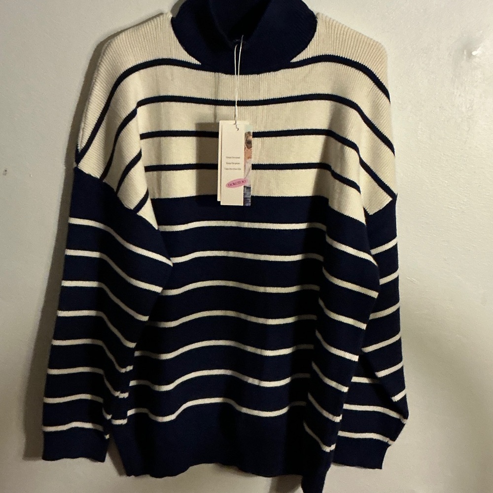 Classic Navy and Cream Striped Turtleneck Sweater